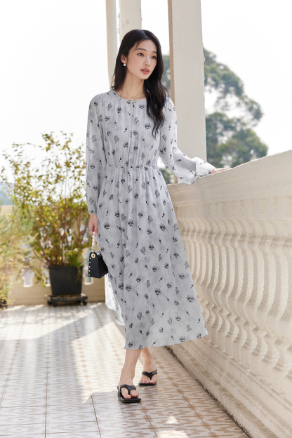 Lyocell Print Waist-Defining Slimming Long Sleeve Dress-VIMLYSTORE