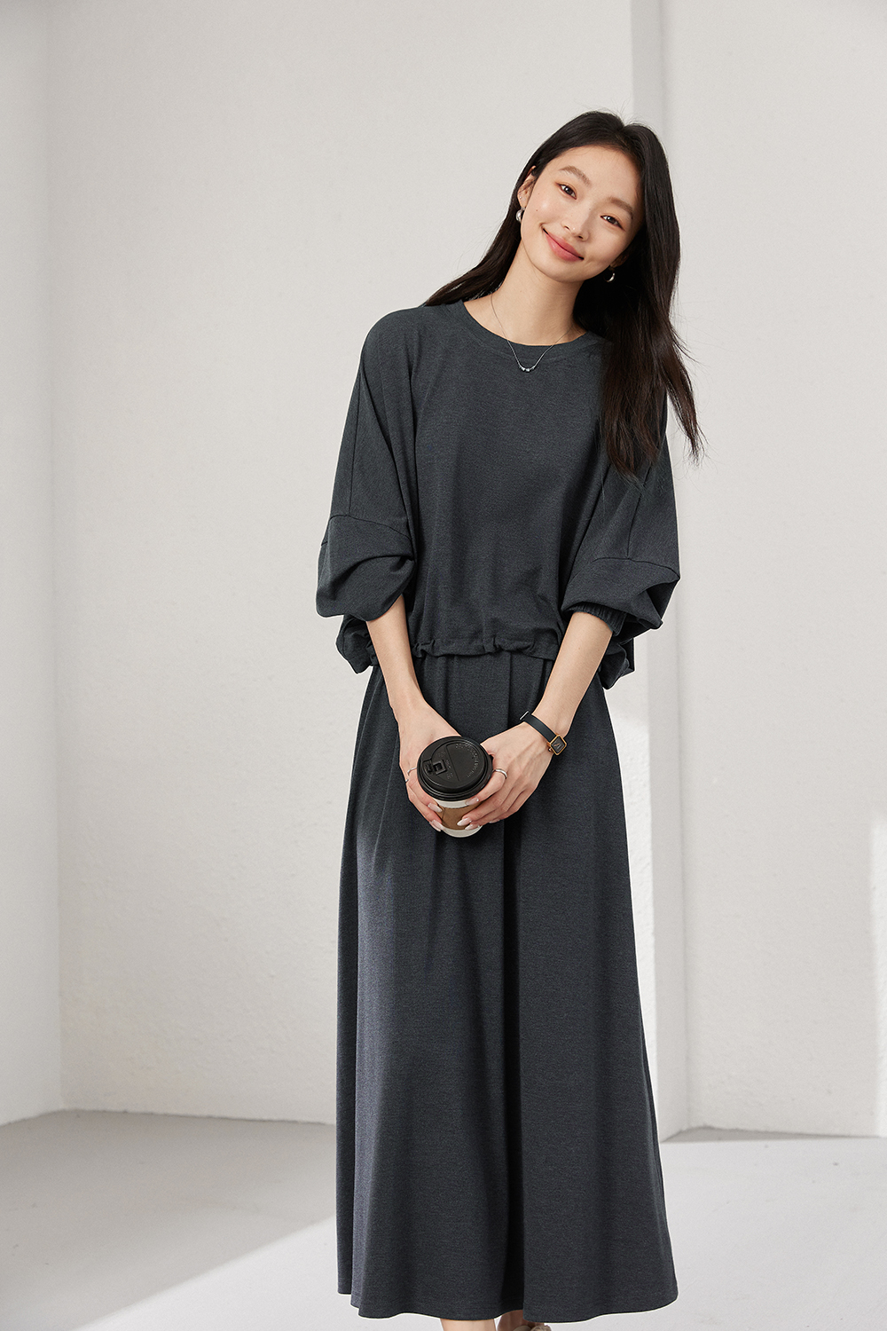 Charcoal Knit Top & A-Line Skirt Coordinated Set-VIMLYSTORE