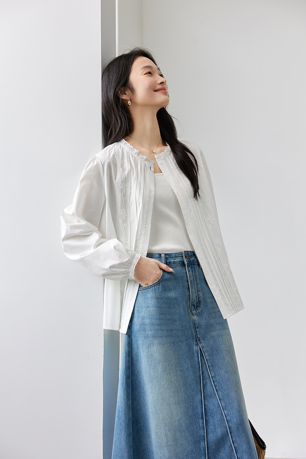 Peter Pan Collar Cotton Blouse with Lace Trim-VIMLYSTORE