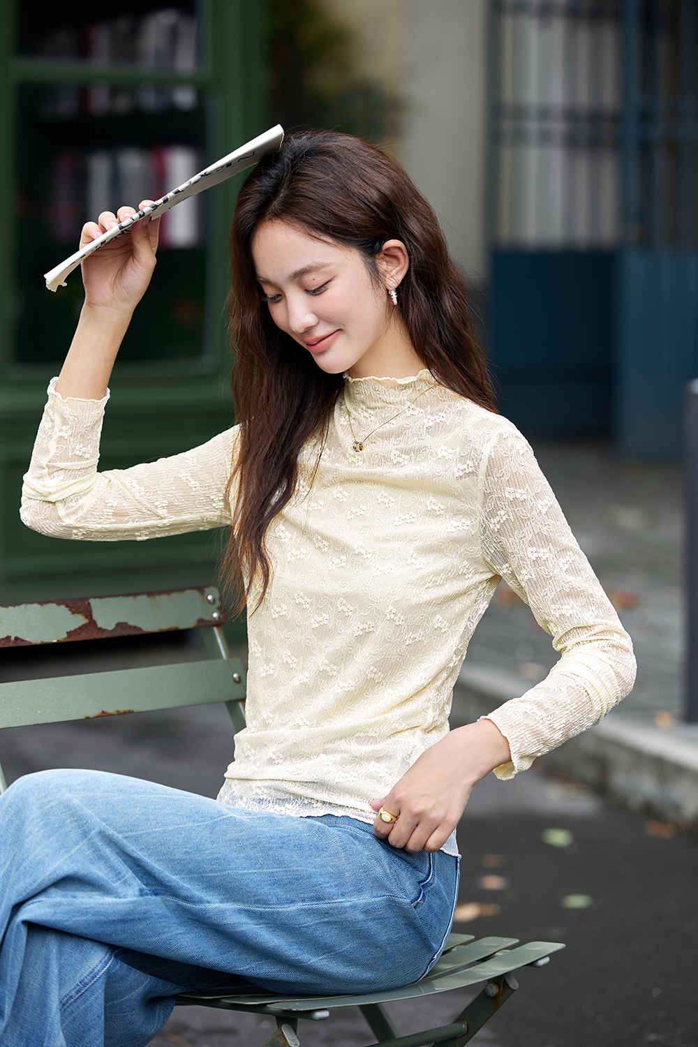 Slim-fit Layering Semi-turtleneck Lace Long Sleeve T-shirt-VIMLYSTORE
