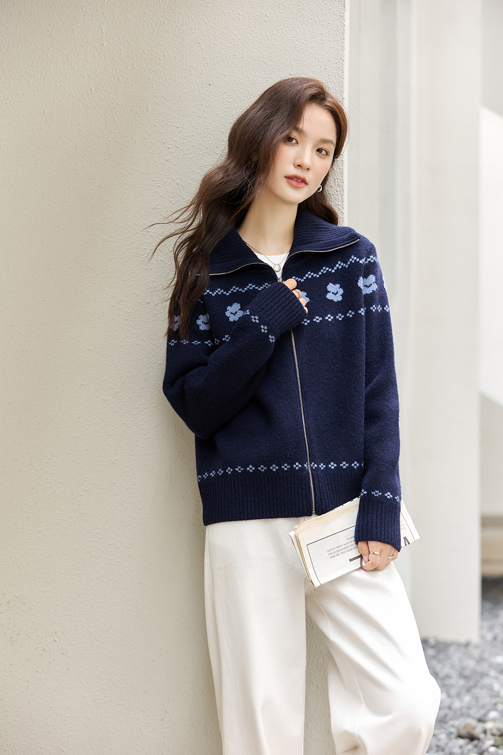 Navy Blue Jacquard Zippered Knitted Cardigan