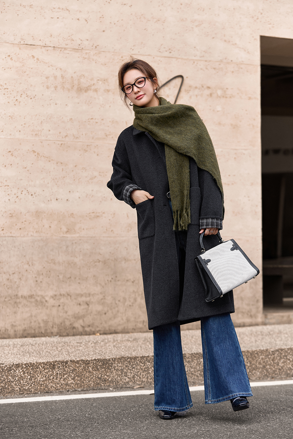 Grey Plaid Patchwork Woolen Coat