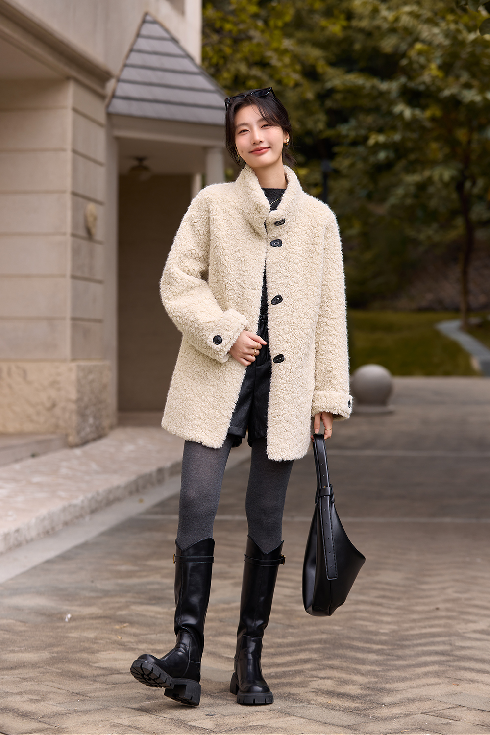 Stand Collar Shearling-Lined Coat