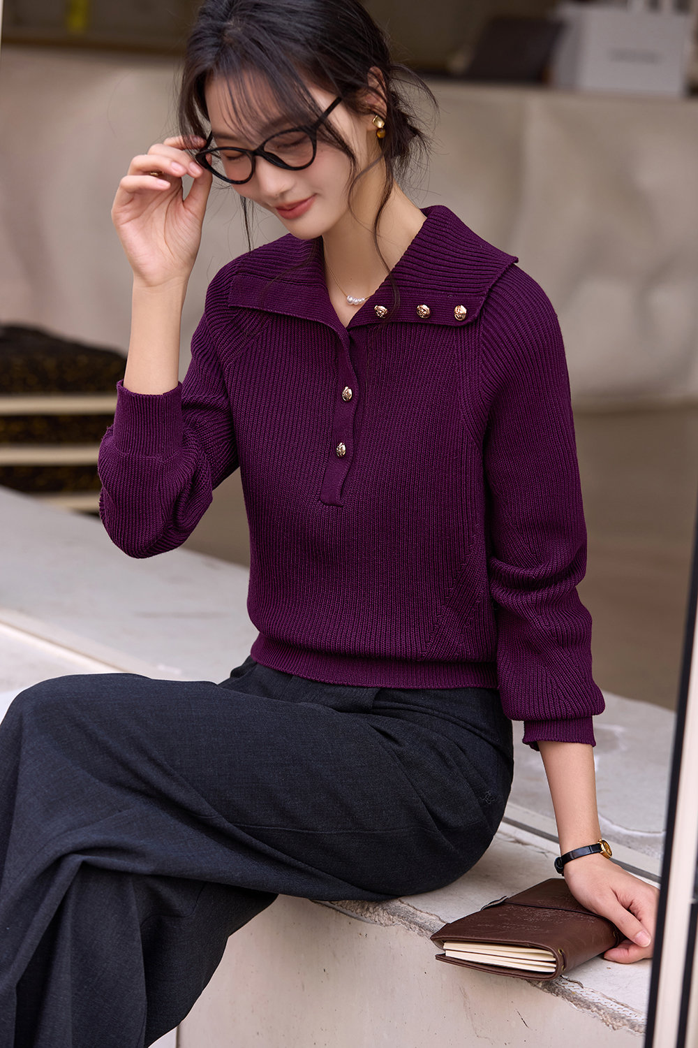 Plum Purple Lapel Knit Sweater