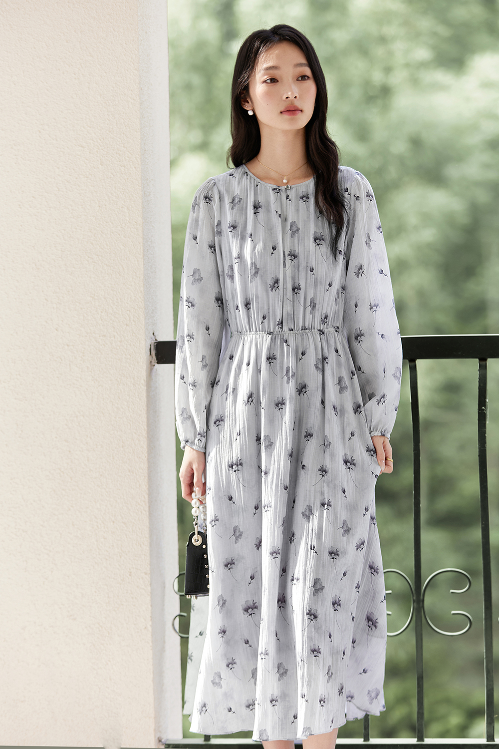 Lyocell Print Waist-Defining Slimming Long Sleeve Dress-VIMLYSTORE