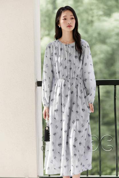 Lyocell Print Waist-Defining Slimming Long Sleeve Dress-VIMLYSTORE