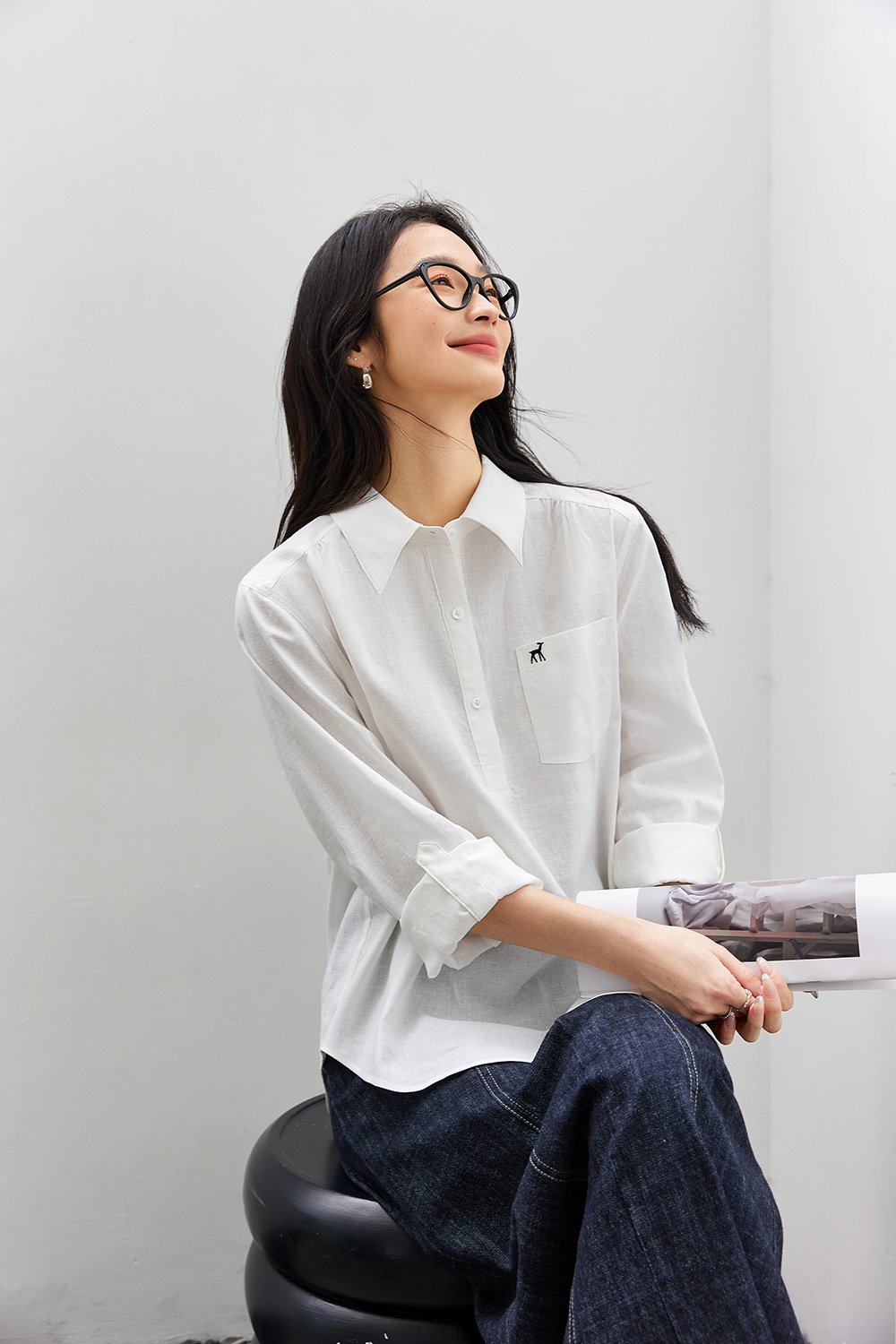Deer-Embroidered Oversized Shirt for Stylish Commuting-VIMLYSTORE