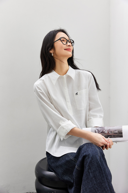 Deer-Embroidered Oversized Shirt for Stylish Commuting-VIMLYSTORE