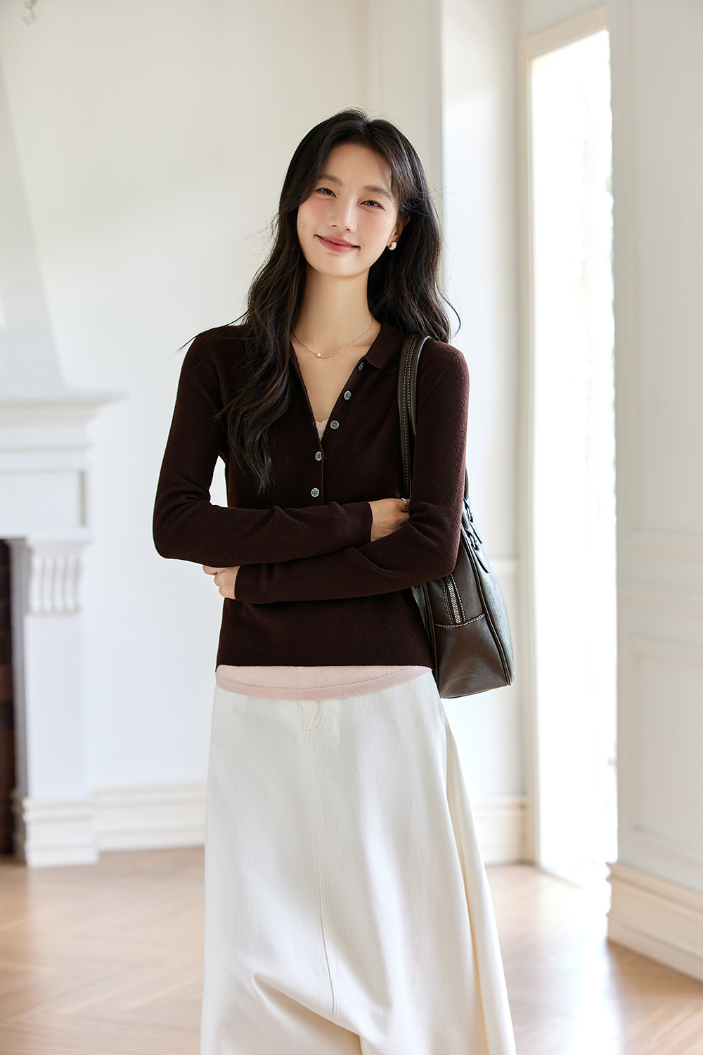 Faux Layered Polo-Neck Relaxed Knit-VIMLYSTORE