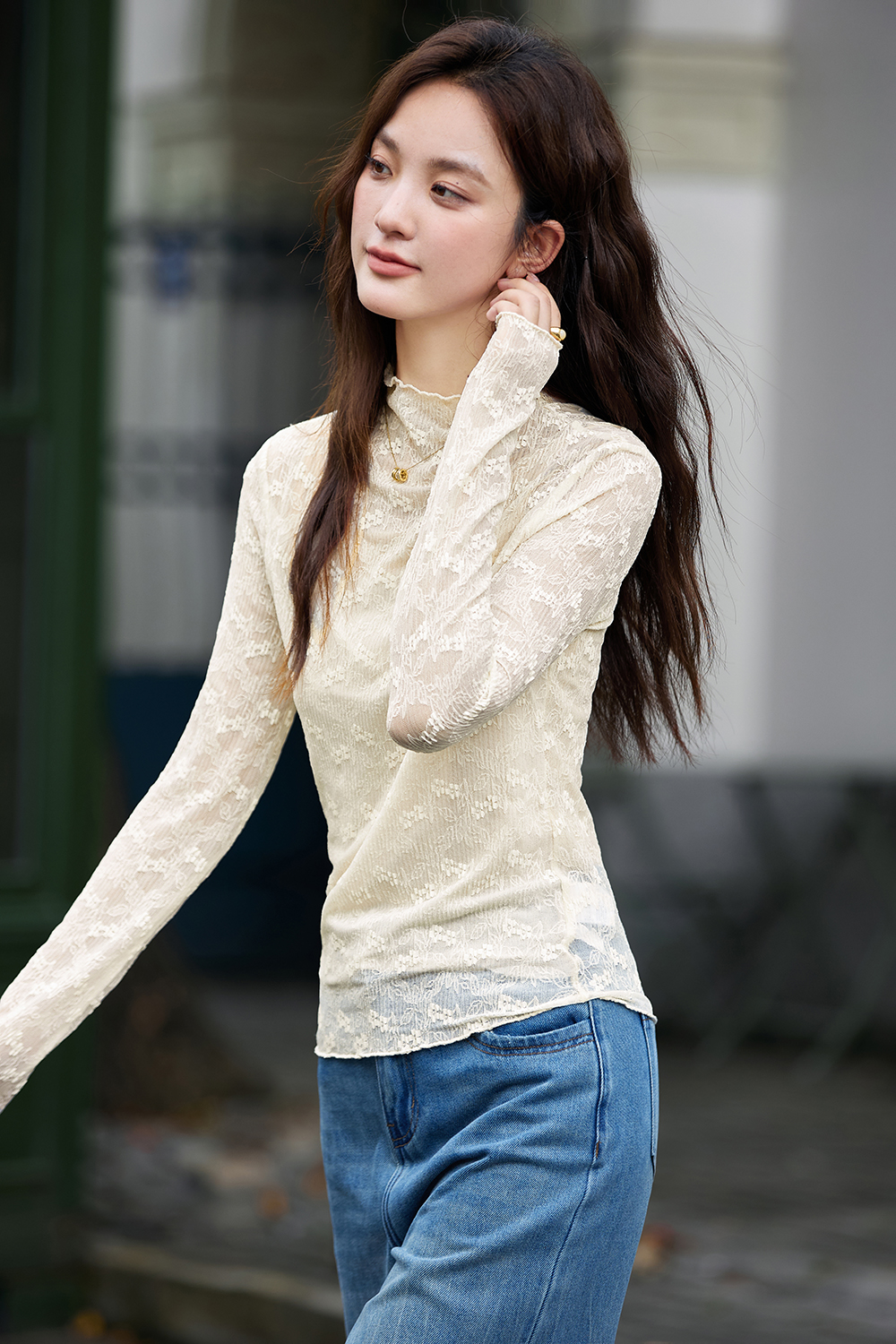 Slim-fit Layering Semi-turtleneck Lace Long Sleeve T-shirt-VIMLYSTORE