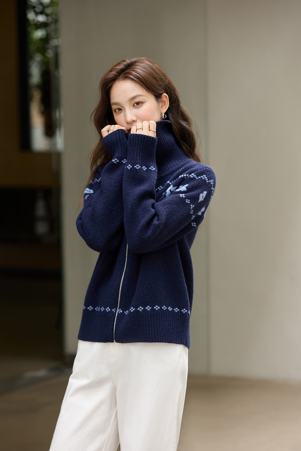 Navy Blue Jacquard Zippered Knitted Cardigan