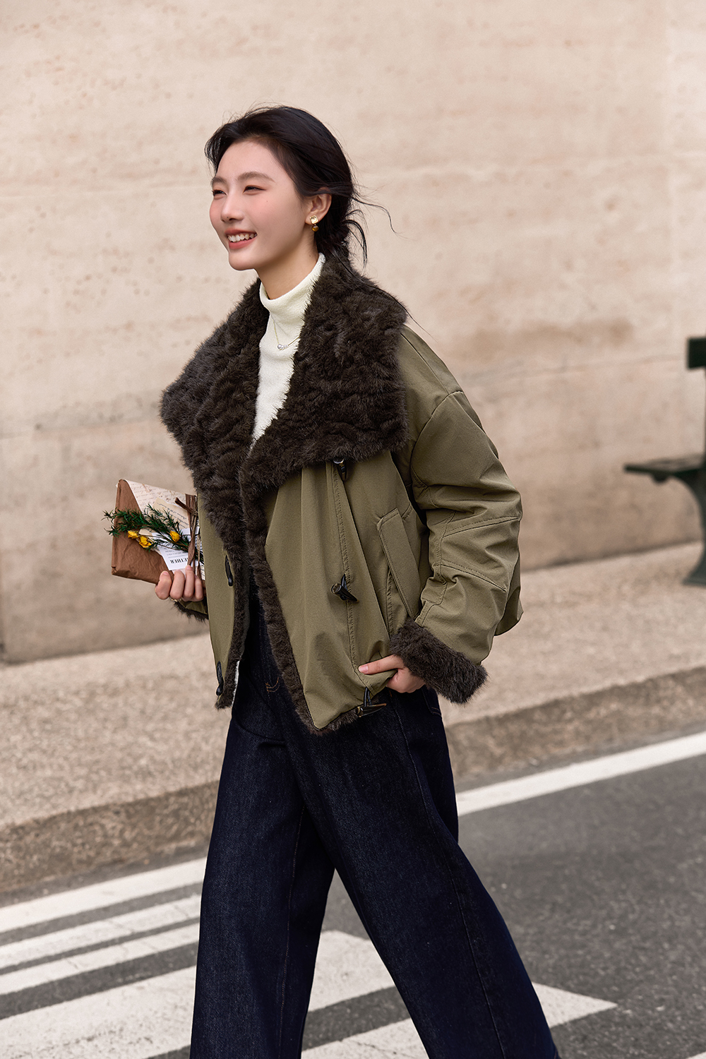 Fleece Lapel Toggle Button Coat