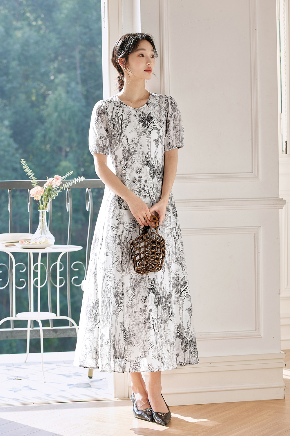 French-Inspired Watercolor Floral Round Neck Pullover Maxi Dress-VIMLYSTORE