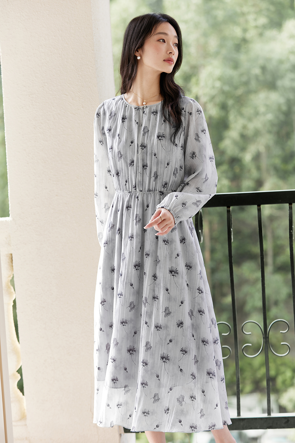 Lyocell Print Waist-Defining Slimming Long Sleeve Dress-VIMLYSTORE