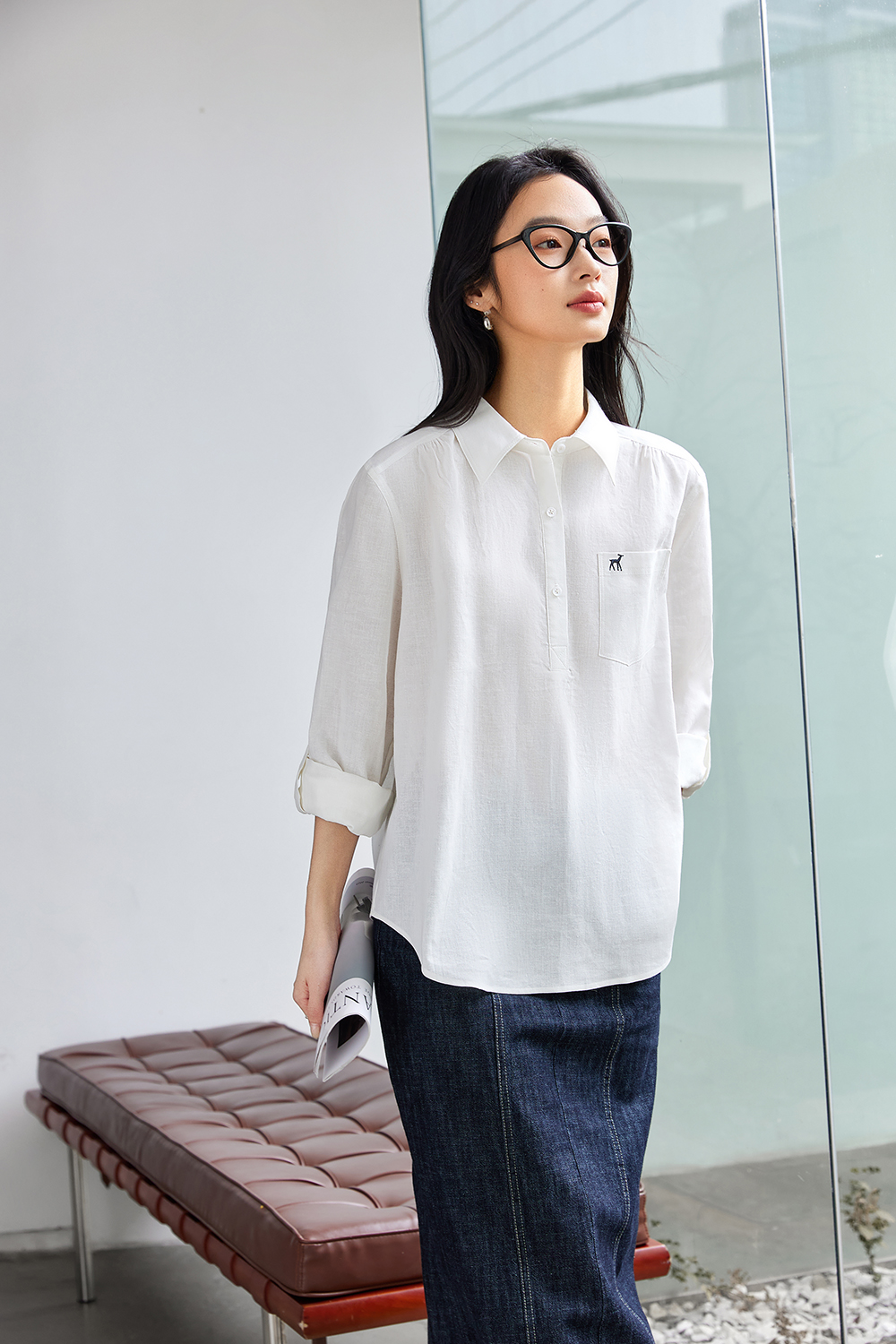 Deer-Embroidered Oversized Shirt for Stylish Commuting-VIMLYSTORE