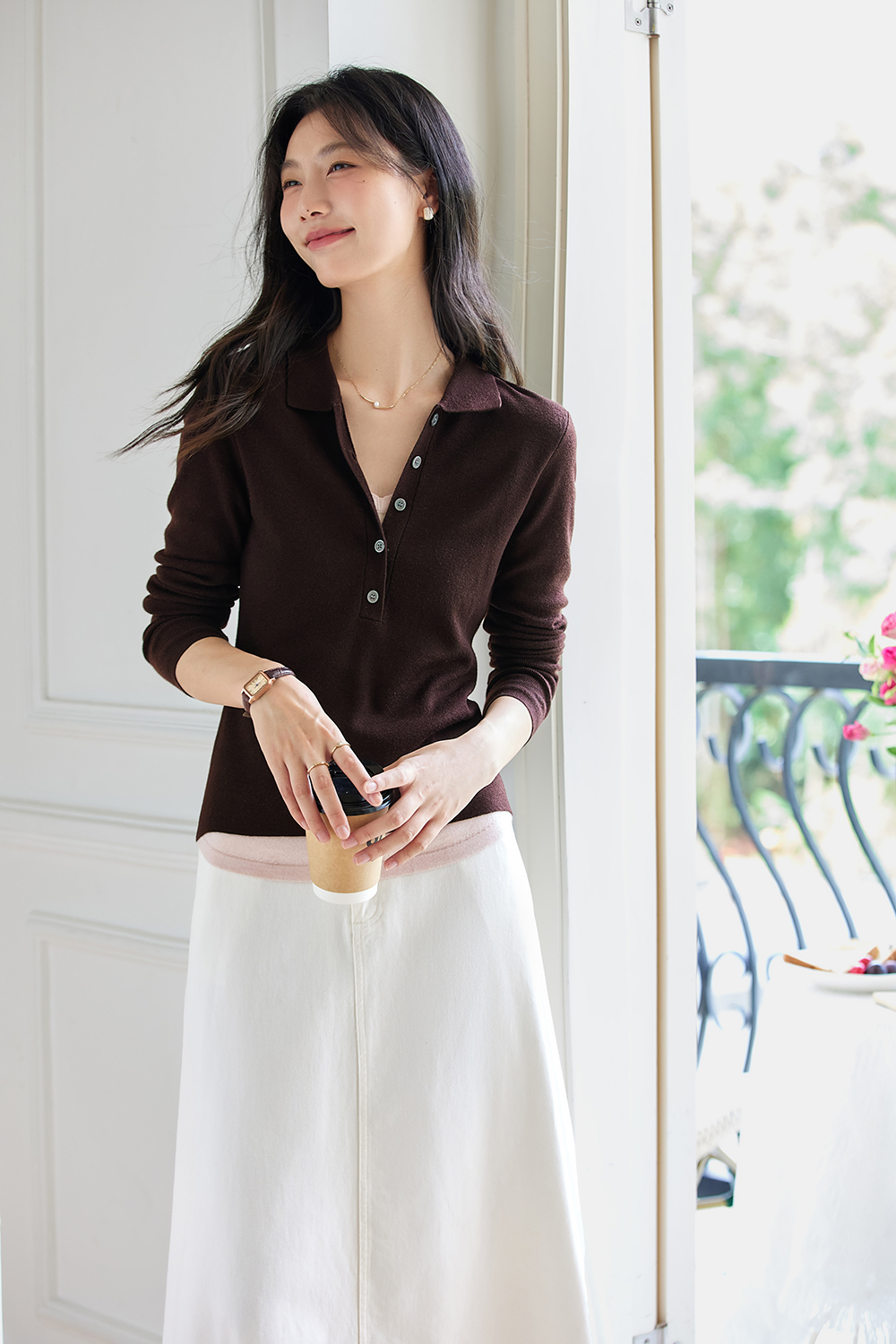 Faux Layered Polo-Neck Relaxed Knit-VIMLYSTORE