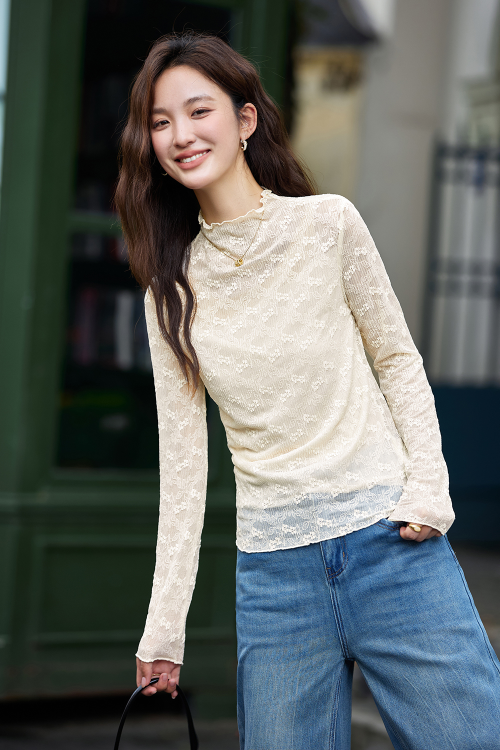 Slim-fit Layering Semi-turtleneck Lace Long Sleeve T-shirt-VIMLYSTORE