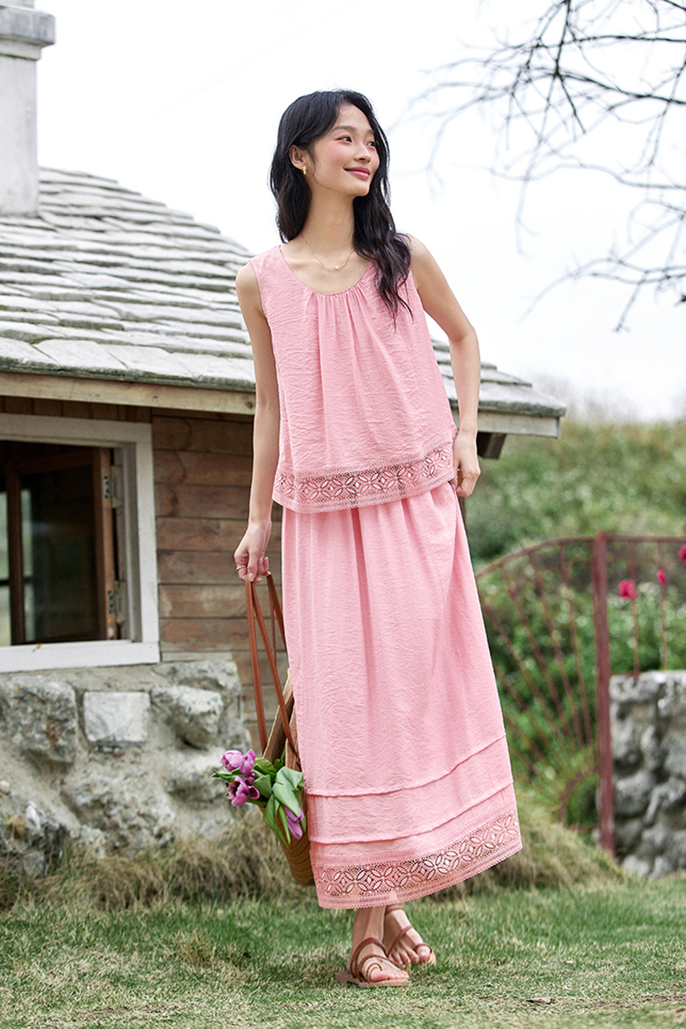 Linen Blend Stitching Lace Sleeveless Top and Half Umbrella skirt Suit-VIMLYSTORE