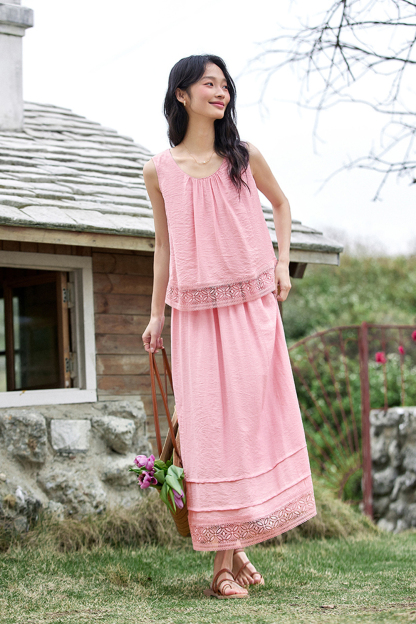 Linen Blend Stitching Lace Sleeveless Top and Half Umbrella skirt Suit-VIMLYSTORE