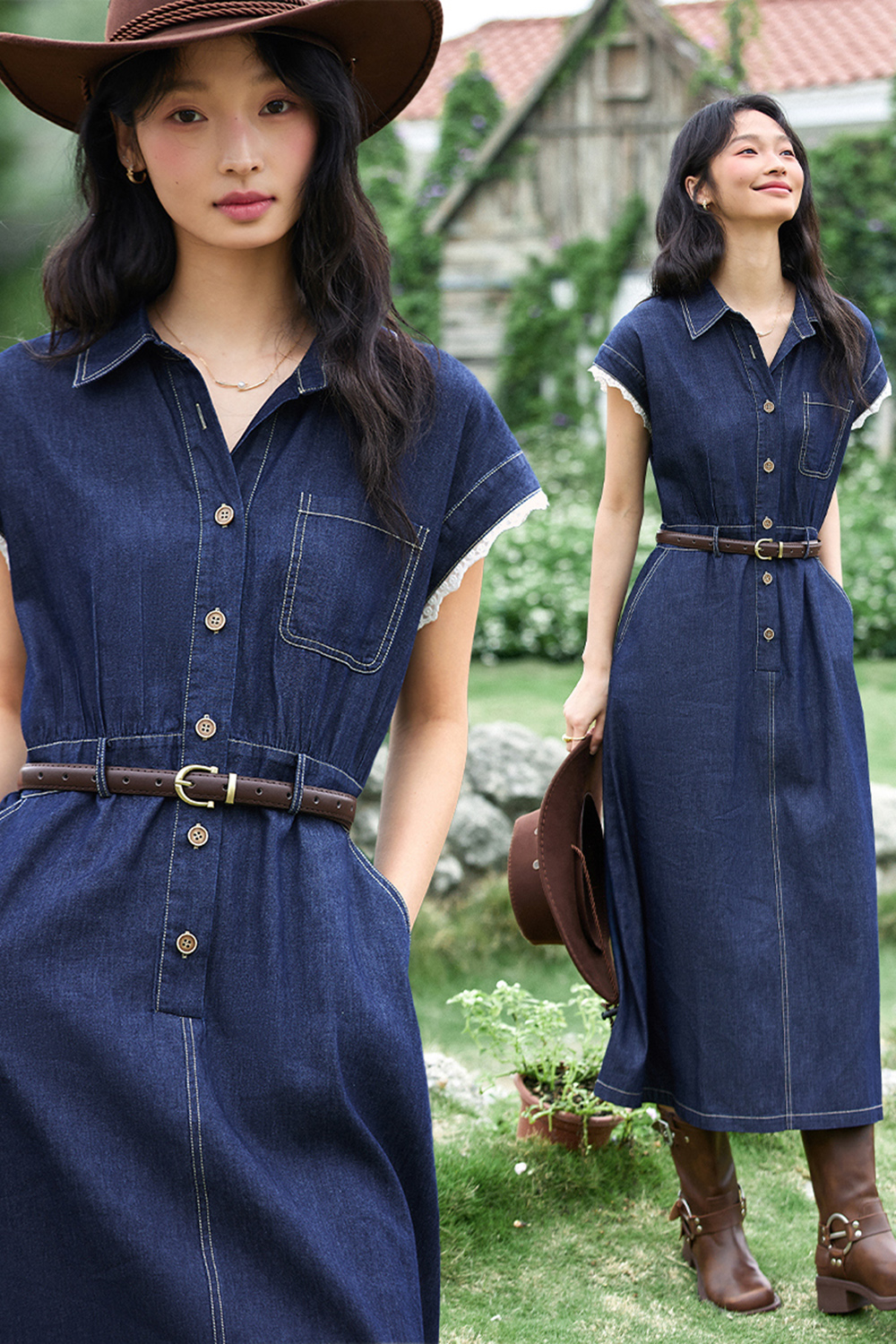 Retro Denim Dress with Lace Sleeves and Waist-Defining Silhouette-VIMLYSTORE