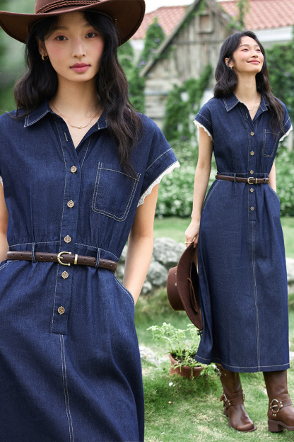 Retro Denim Dress with Lace Sleeves and Waist-Defining Silhouette-VIMLYSTORE