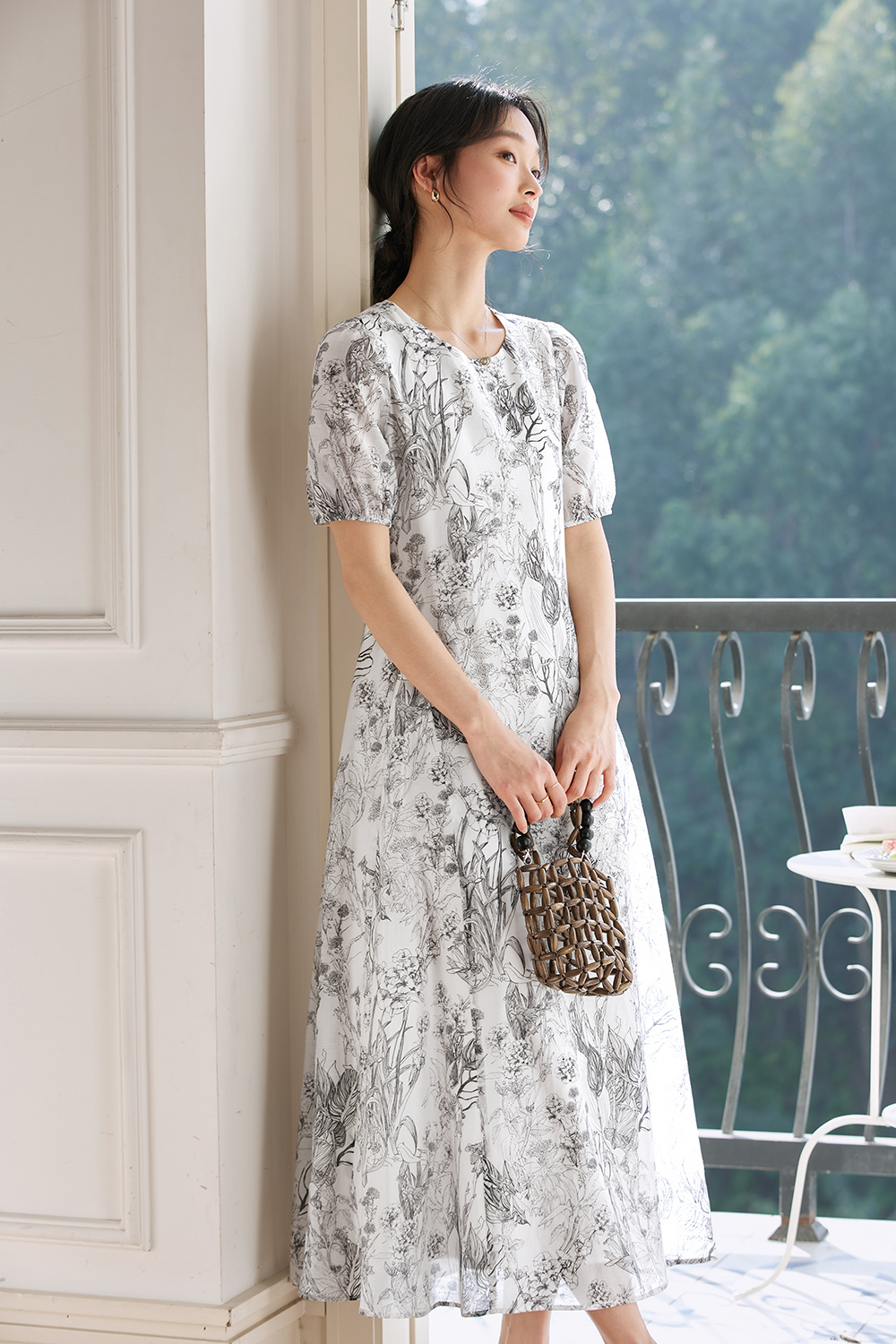 French-Inspired Watercolor Floral Round Neck Pullover Maxi Dress-VIMLYSTORE