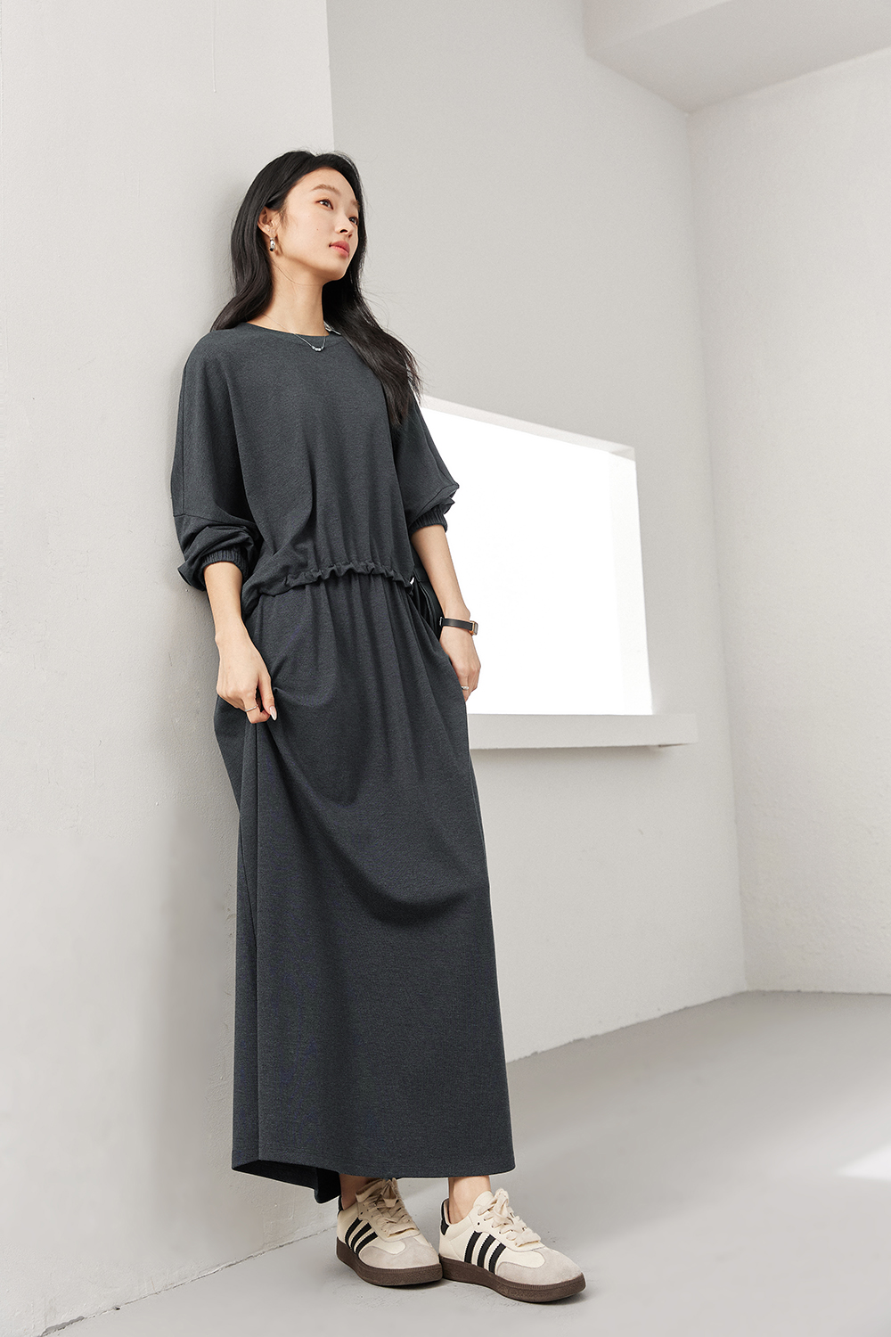 Charcoal Knit Top & A-Line Skirt Coordinated Set-VIMLYSTORE