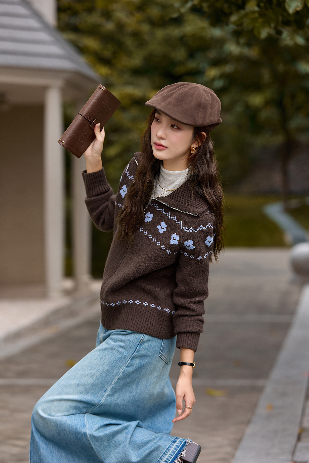 Navy Blue Jacquard Zippered Knitted Cardigan