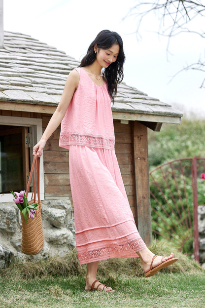 Linen Blend Stitching Lace Sleeveless Top and Half Umbrella skirt Suit-VIMLYSTORE