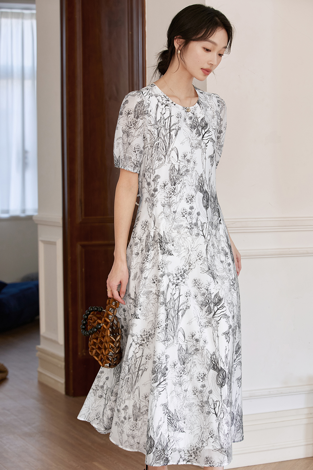 French-Inspired Watercolor Floral Round Neck Pullover Maxi Dress-VIMLYSTORE