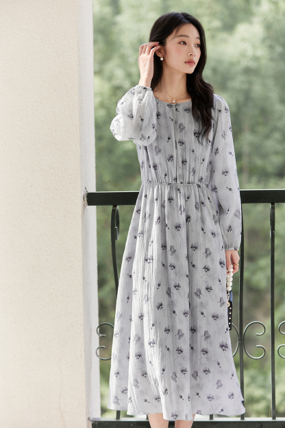 Lyocell Print Waist-Defining Slimming Long Sleeve Dress-VIMLYSTORE