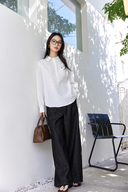 Deer-Embroidered Oversized Shirt for Stylish Commuting-VIMLYSTORE