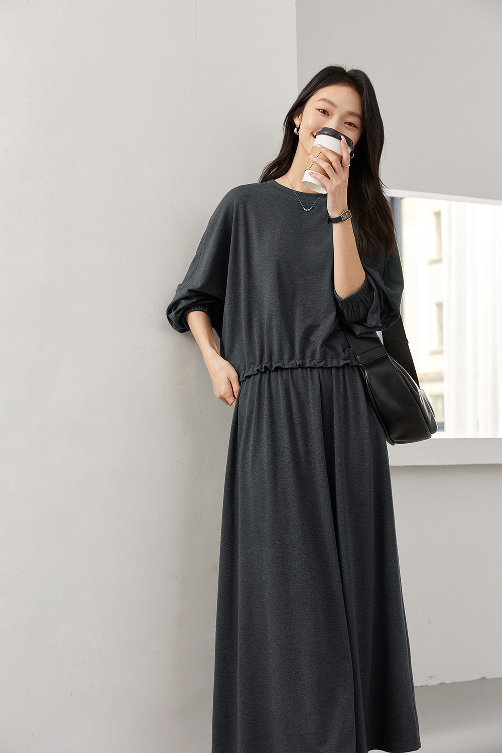 Charcoal Knit Top & A-Line Skirt Coordinated Set-VIMLYSTORE