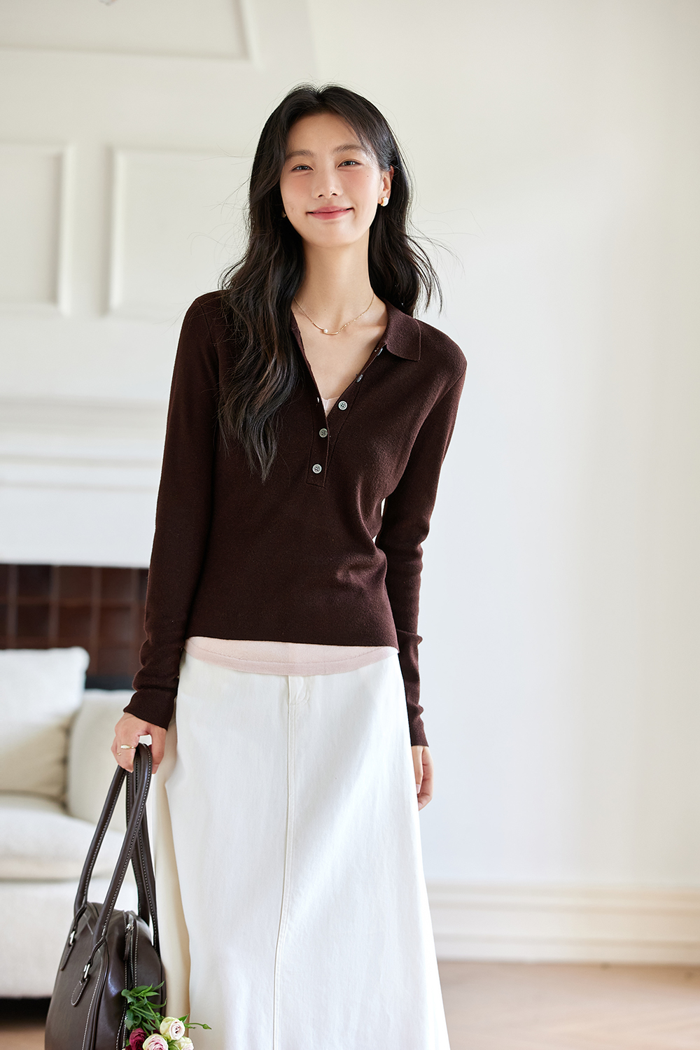 Faux Layered Polo-Neck Relaxed Knit-VIMLYSTORE