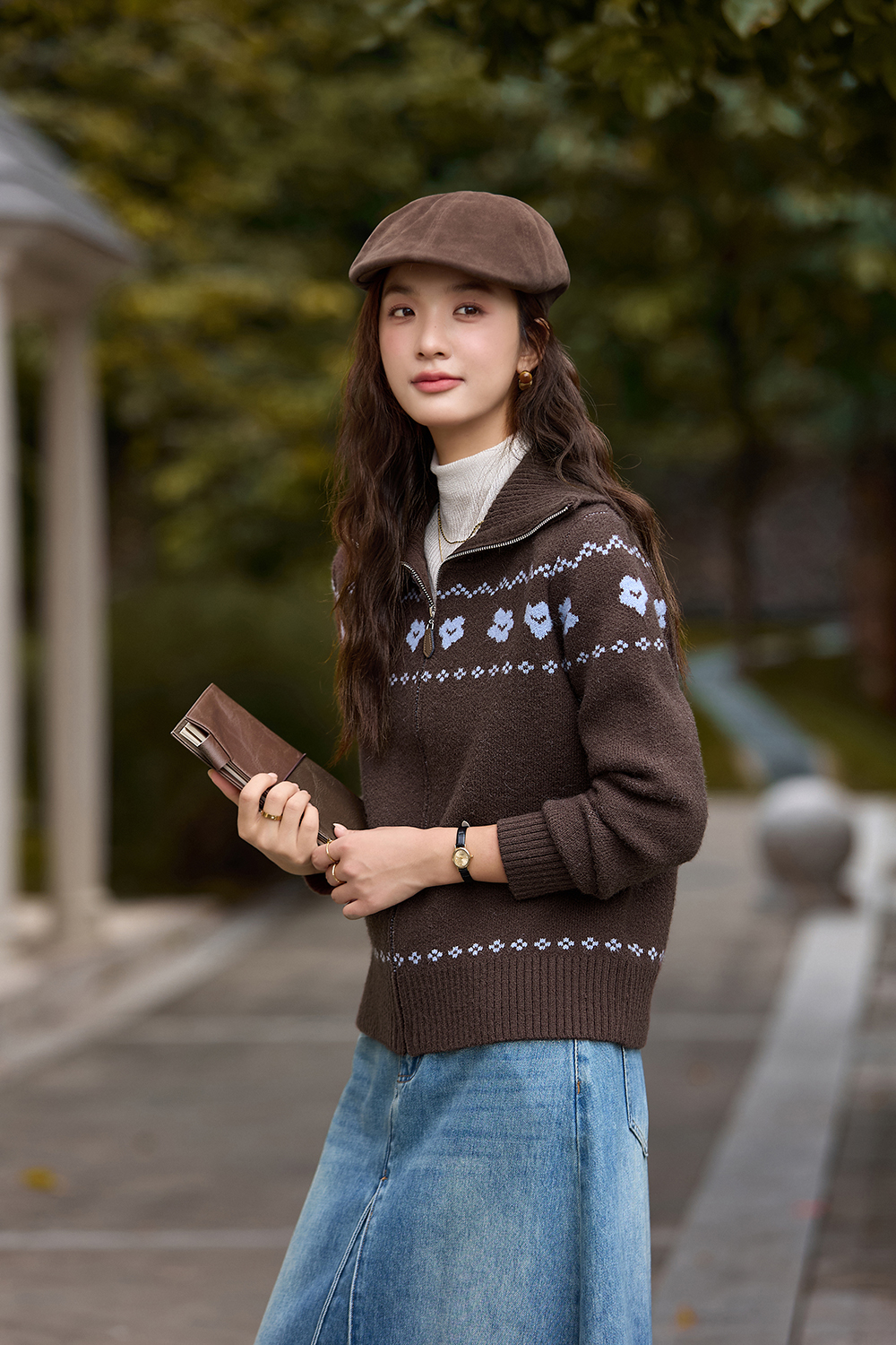 Navy Blue Jacquard Zippered Knitted Cardigan