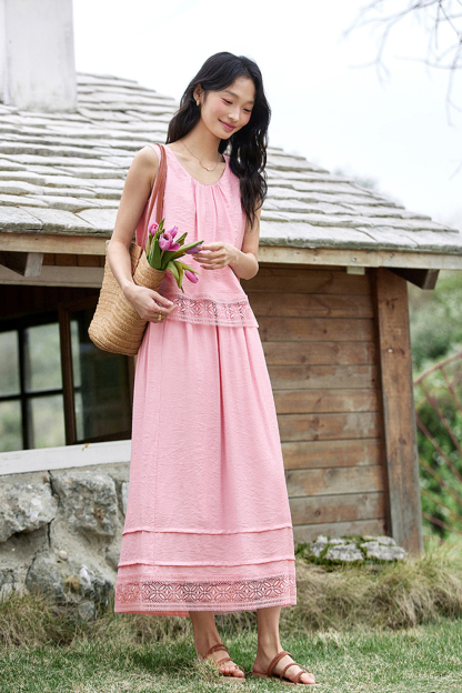 Linen Blend Stitching Lace Sleeveless Top and Half Umbrella skirt Suit-VIMLYSTORE