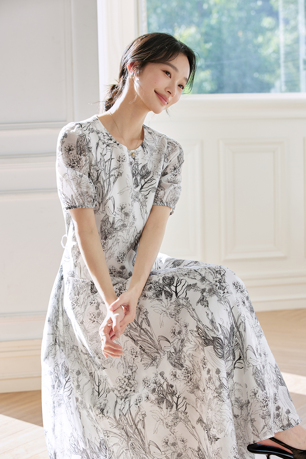 French-Inspired Watercolor Floral Round Neck Pullover Maxi Dress-VIMLYSTORE