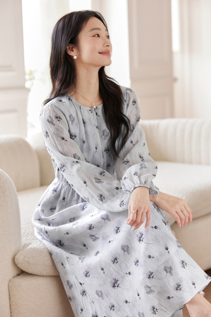 Lyocell Print Waist-Defining Slimming Long Sleeve Dress-VIMLYSTORE