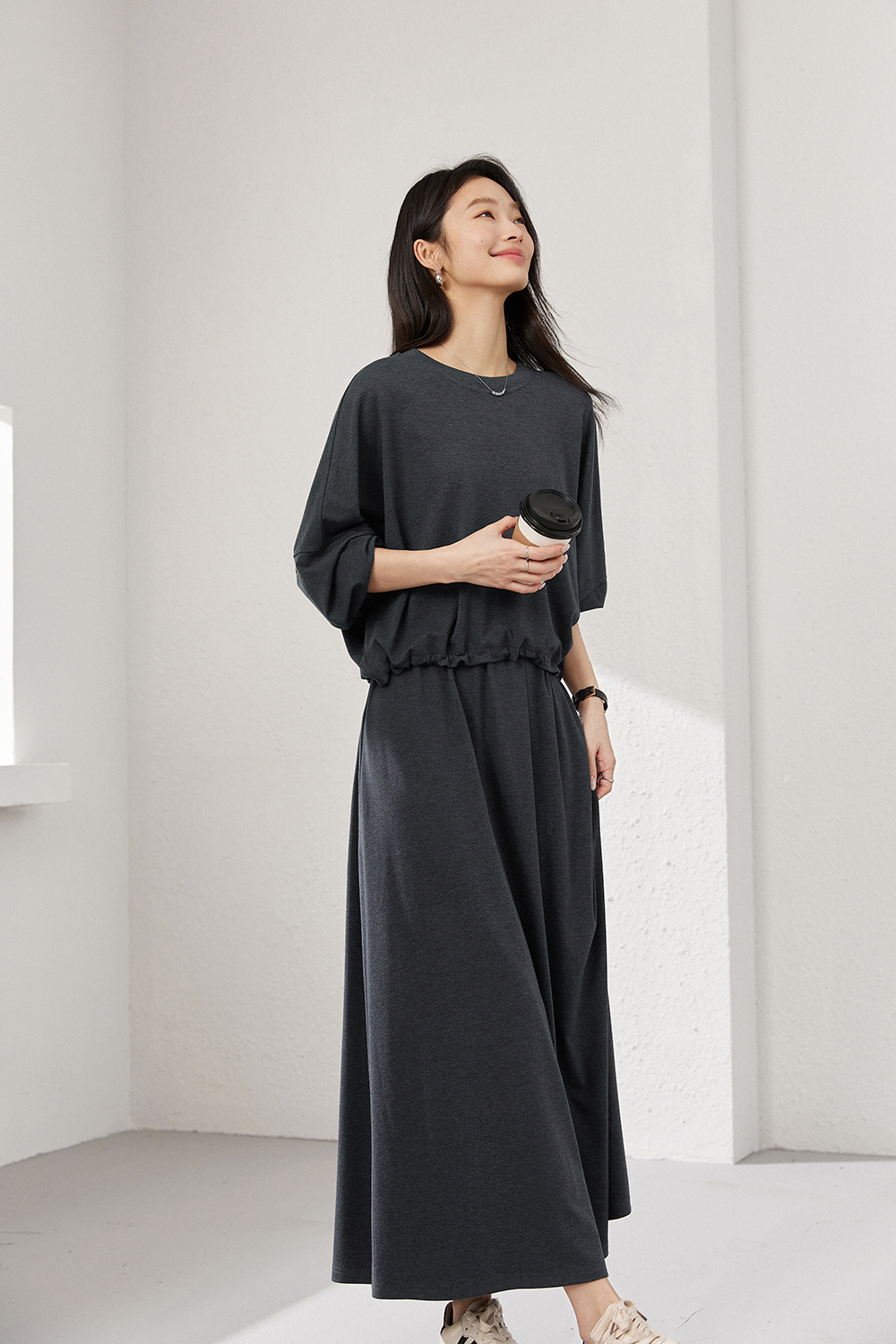 Charcoal Knit Top & A-Line Skirt Coordinated Set-VIMLYSTORE