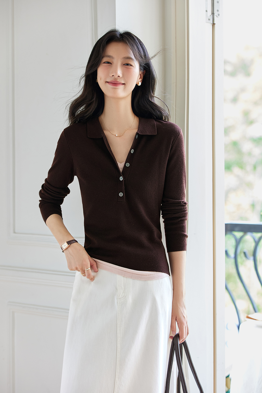 Faux Layered Polo-Neck Relaxed Knit-VIMLYSTORE