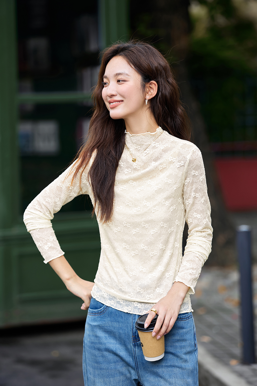Slim-fit Layering Semi-turtleneck Lace Long Sleeve T-shirt-VIMLYSTORE