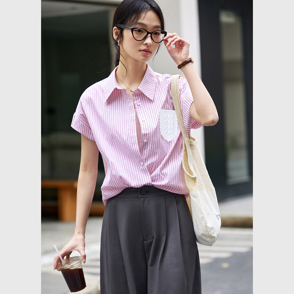 Lace Pocket Striped Shirt
