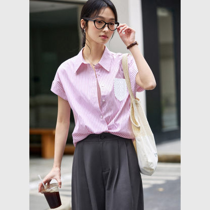 Lace Pocket Striped Shirt