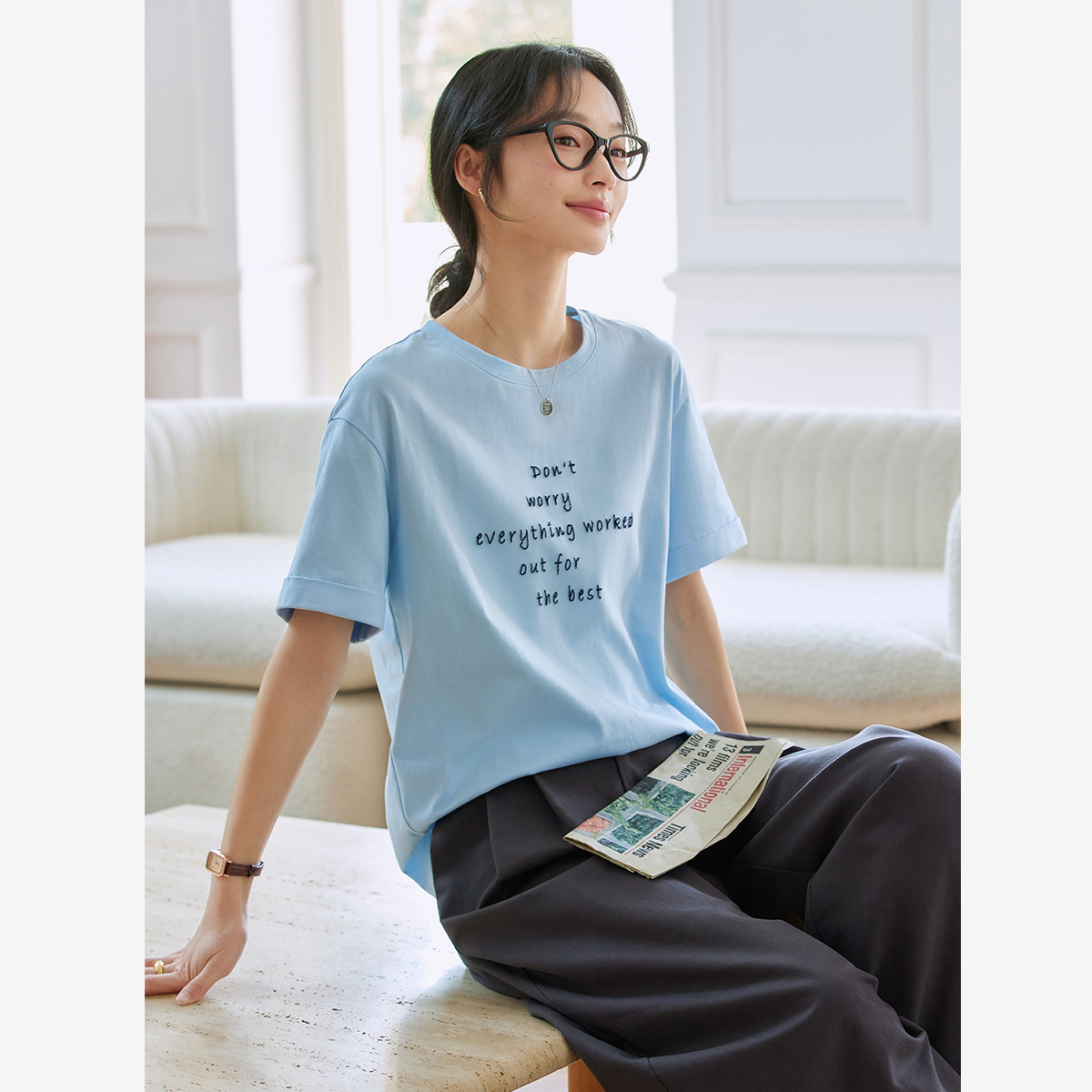 Letter Embroidered Round Neck T-Shirt