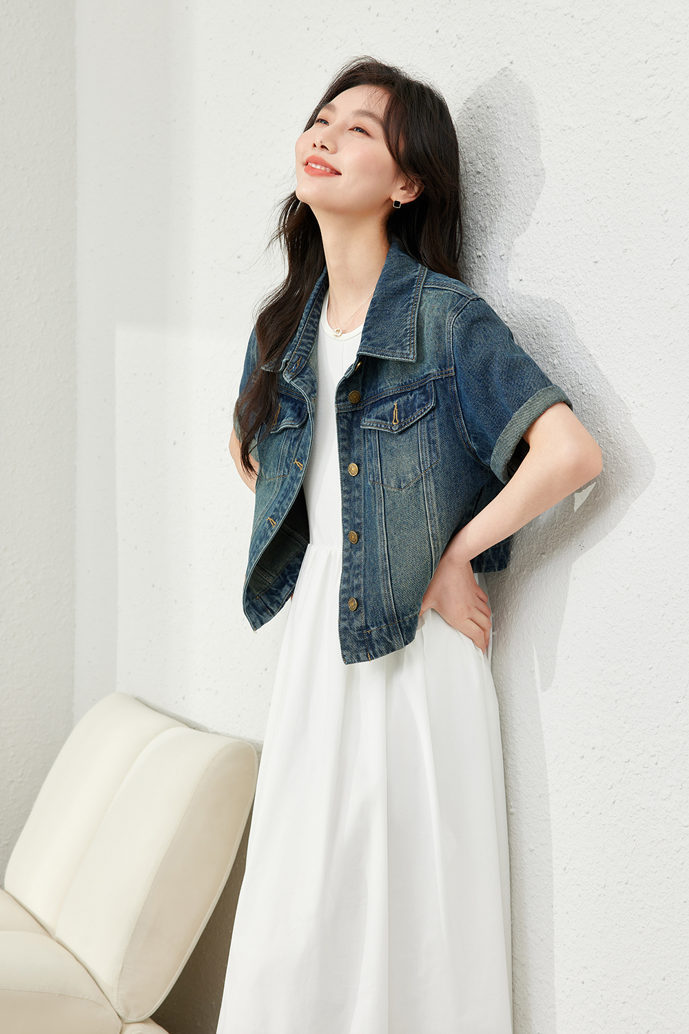 Denim Short Jacket With Fold-Down Sleeves