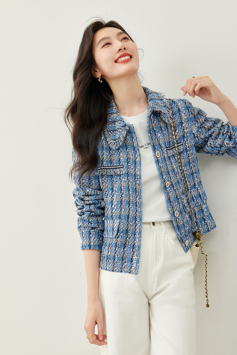 Lapel Blended Checkered Jacket-VIMLYSTORE