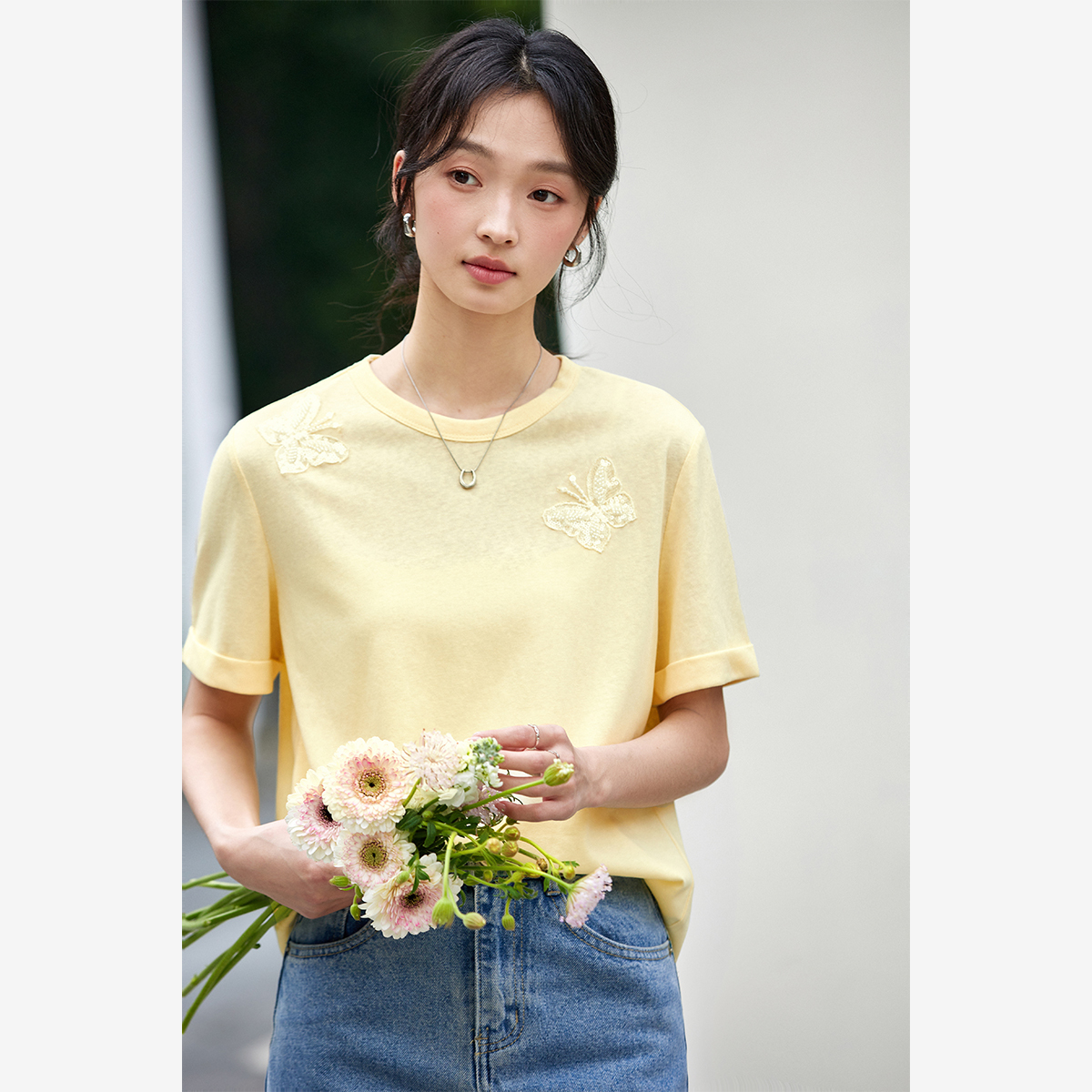 Lace Butterfly Solid Color T-Shirt