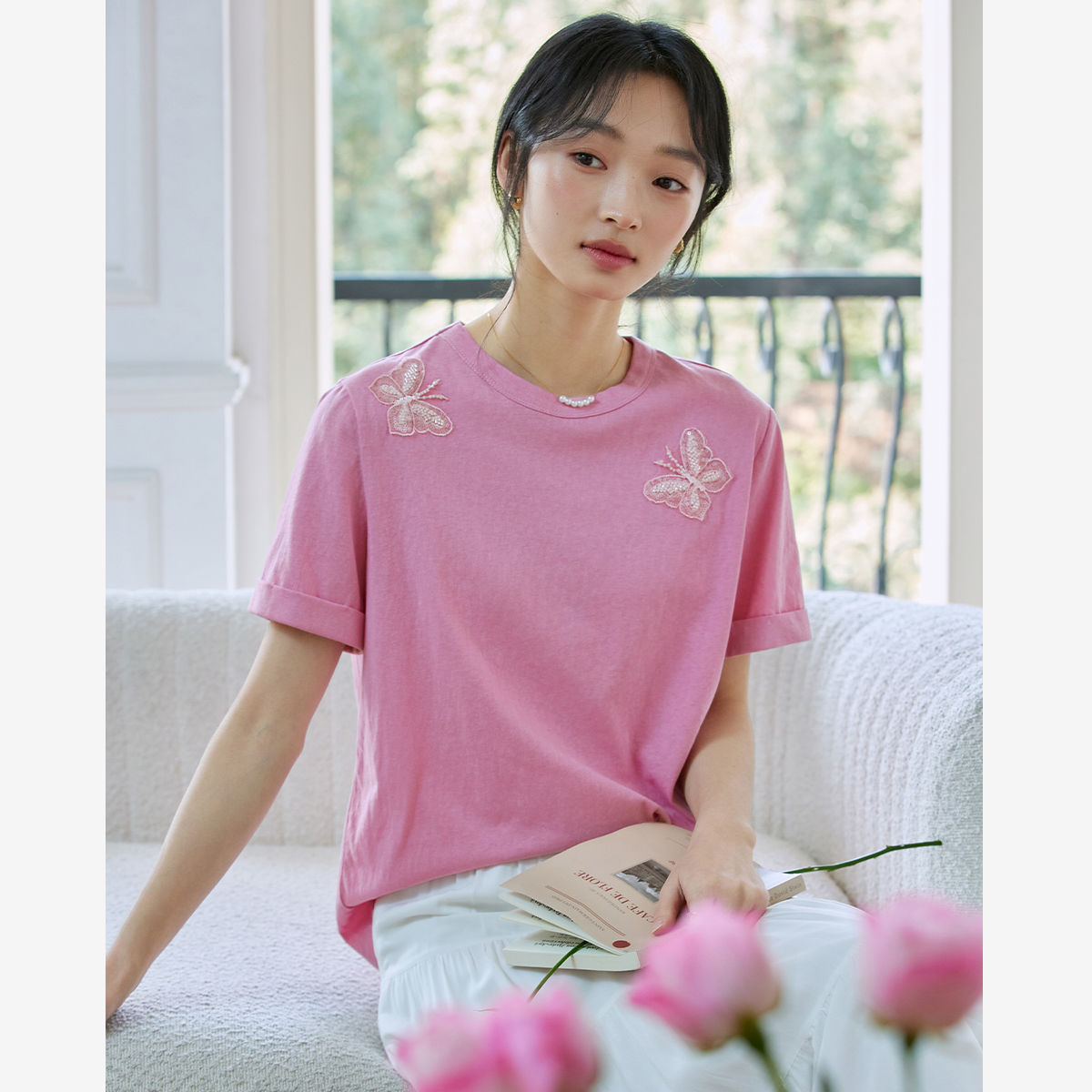 Lace Butterfly Solid Color T-Shirt