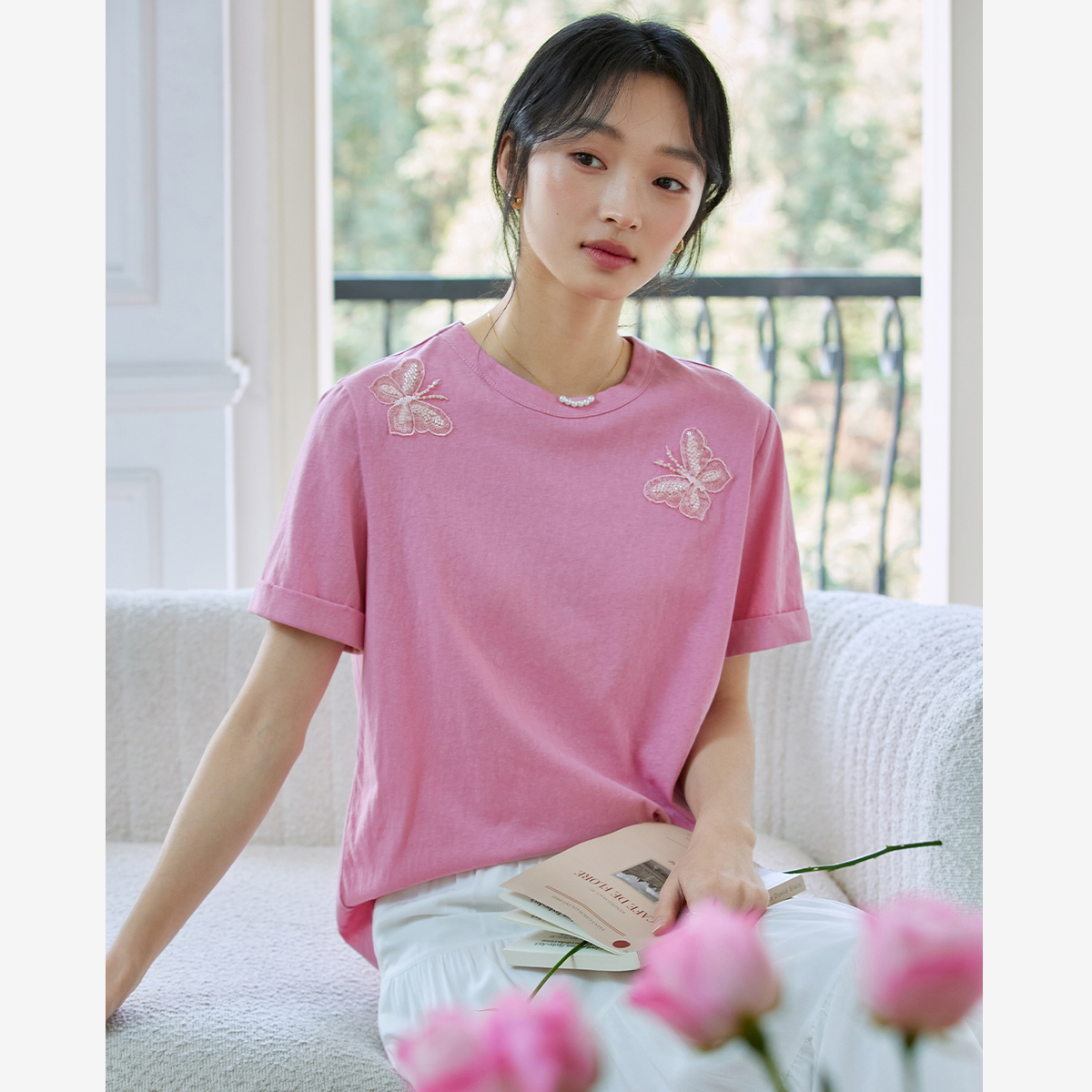 Lace Butterfly Solid Color T-Shirt