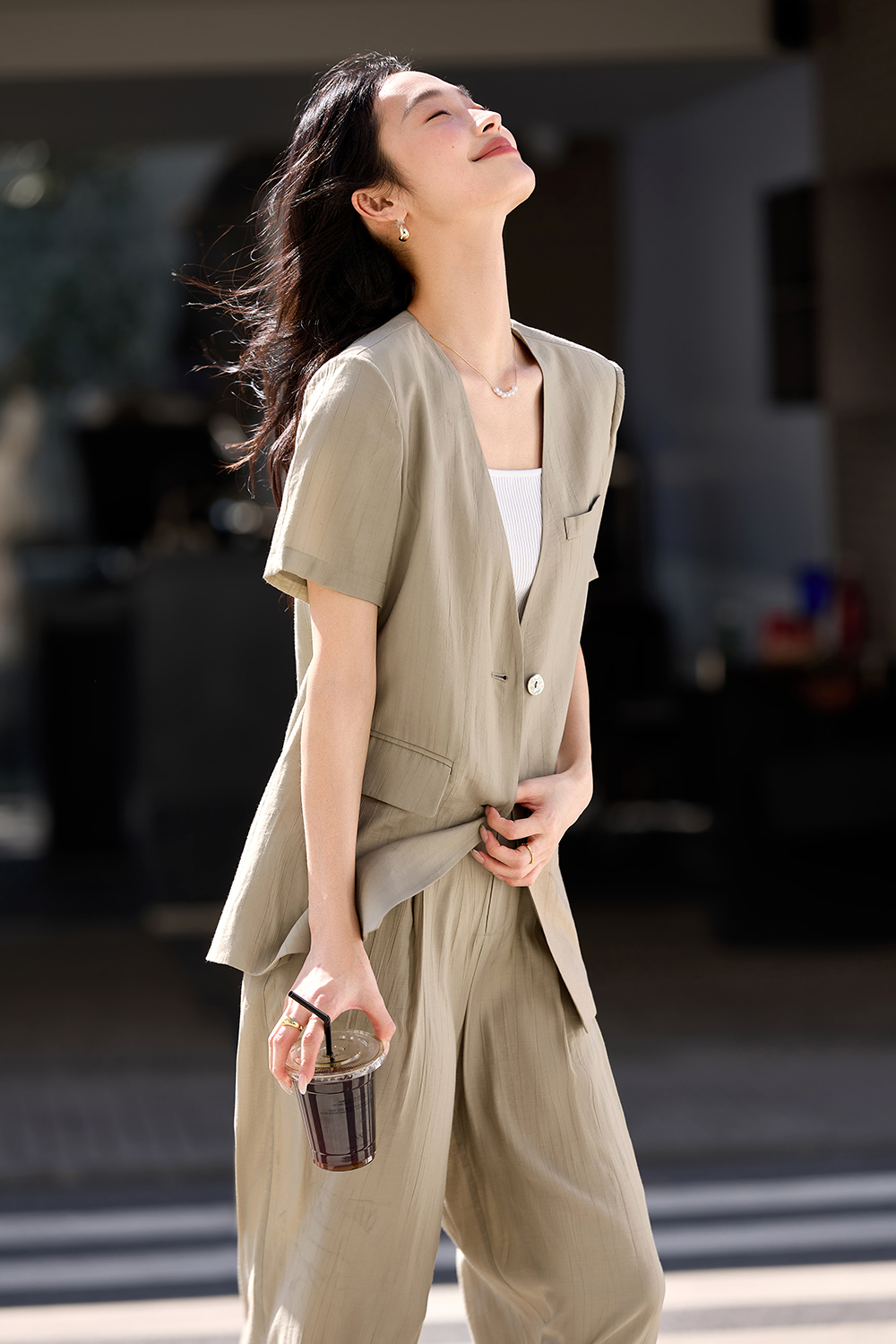 Casual-Commute V-Neck Blazer with High-Waist Wide-Leg Pants Set